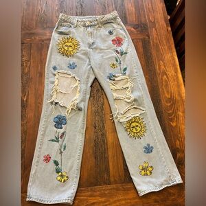 Women's Painted Floral Sunshine Ripped Jeans Size 8/10 Large Boho Artsy Unique L